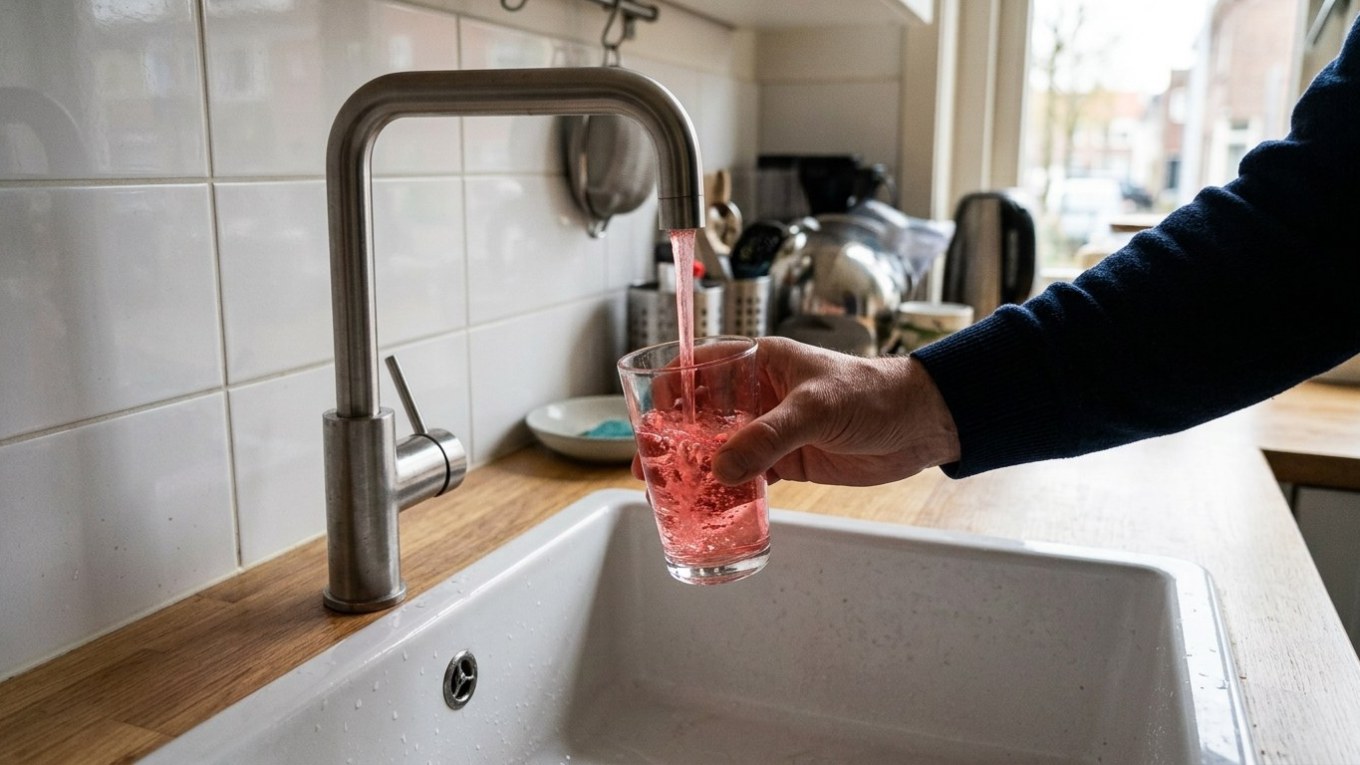 Een AI-afbeelding van "rood water" uit een keukenkraan.