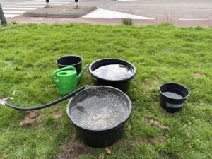 De Bomenridders vangen het water op dat Evides het riool in laat lopen.